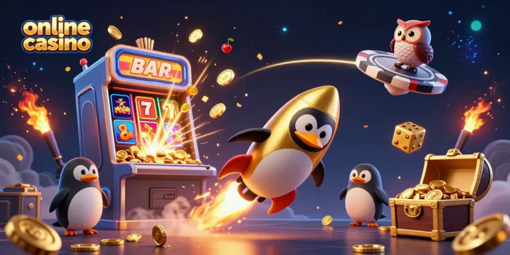 Experience online casino thrills with a whimsical golden penguin racing through space towards a poker chip station.