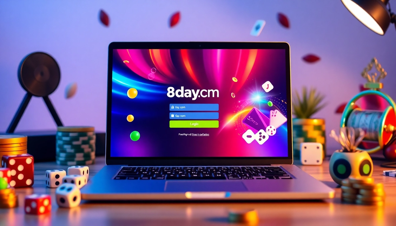8day com đăng nhập displayed on a modern laptop surrounded by gaming elements, offering a welcoming atmosphere for online players.