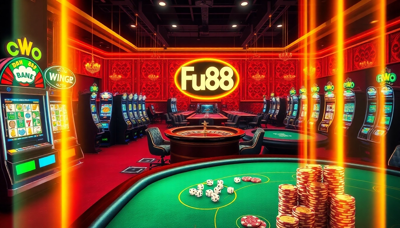 Engaging in a thrilling game at Fun 88 casino with vibrant slot machines and casino tables.