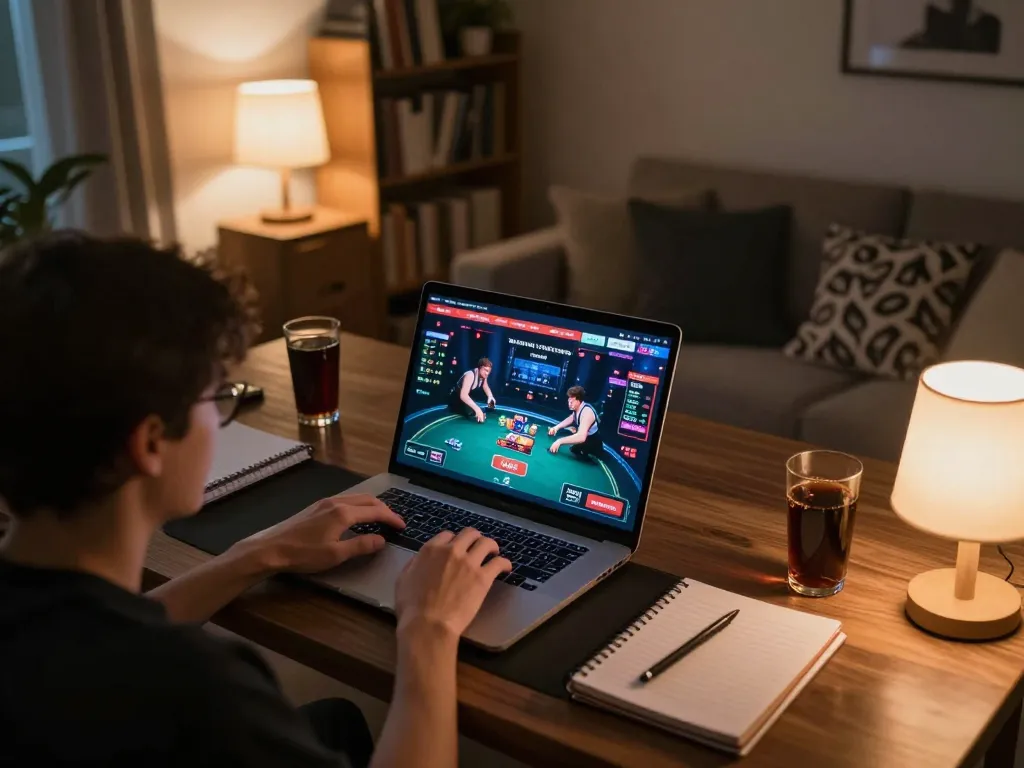 Player engaging in casino gameplay at home using bl555 com, warm and inviting setup with strategy notes visible