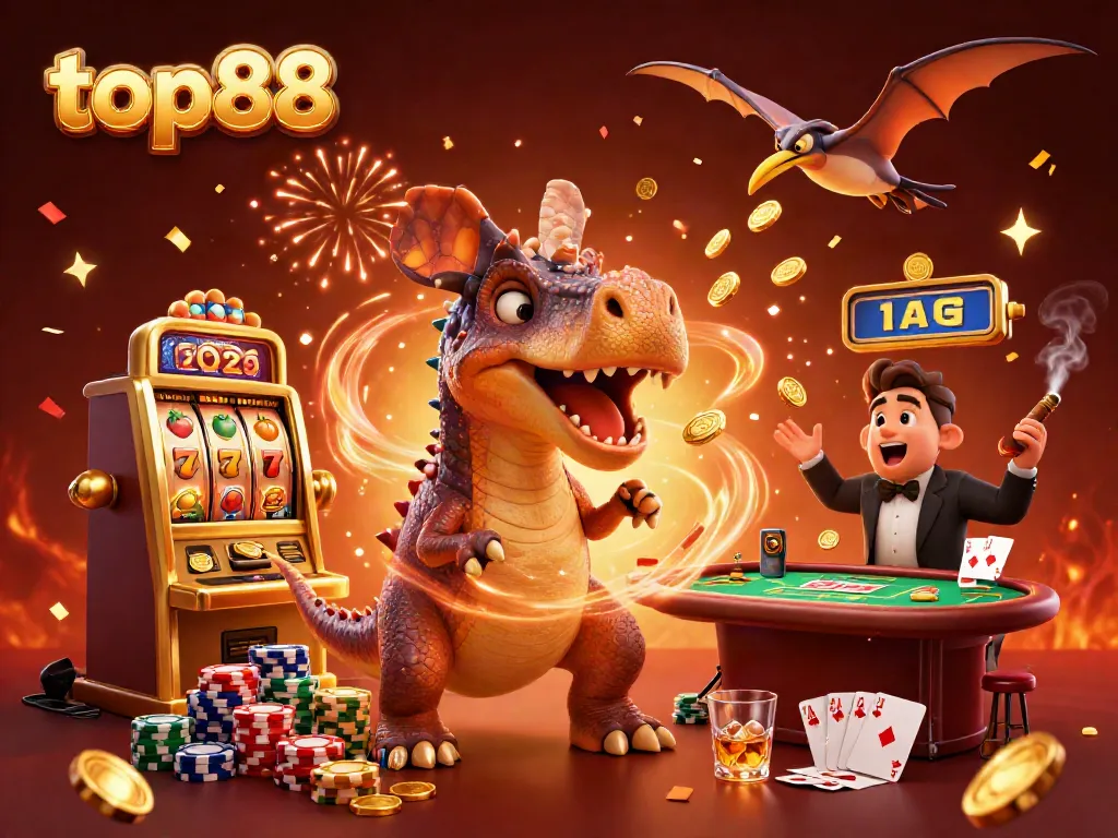 top88 casino scene with dinosaur characters celebrating a jackpot win in a vibrant atmosphere