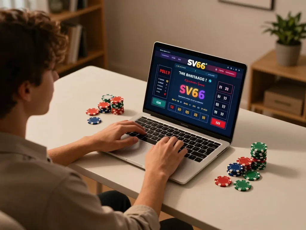 Engaging gameplay on SV66 casino site with baccarat displayed on a laptop screen in a cozy home office.