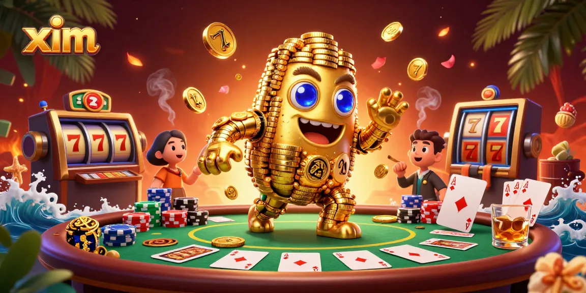 Experience dynamic gambling action with xim's golden golem amidst poker chips and slot reels.
