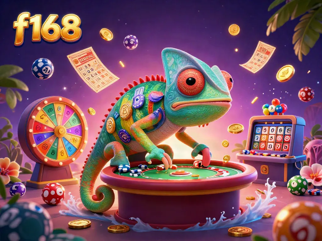 Experience thrilling gameplay at f168 with an imaginative 3D chameleon casino character amidst casino icons.