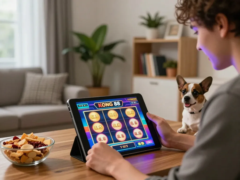 KONG 88 slot gaming experience at home with cozy atmosphere and engaging tablet screen.