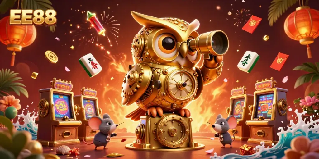 Experience the thrilling world of EE88 with a lively casino scene featuring a clockwork owl and charming mouse patrons.