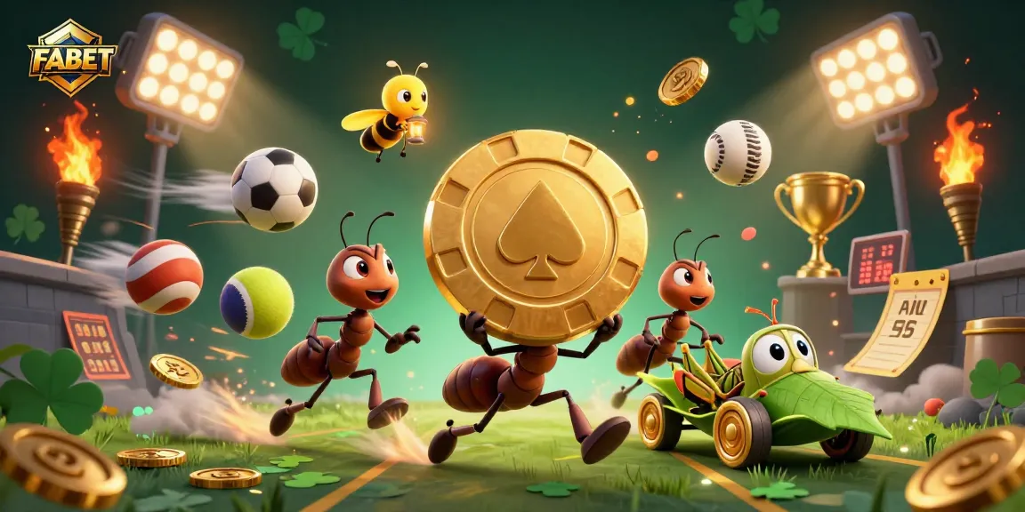FABET showcases a thrilling sports heist with ants, poker chips, and lively sports elements.