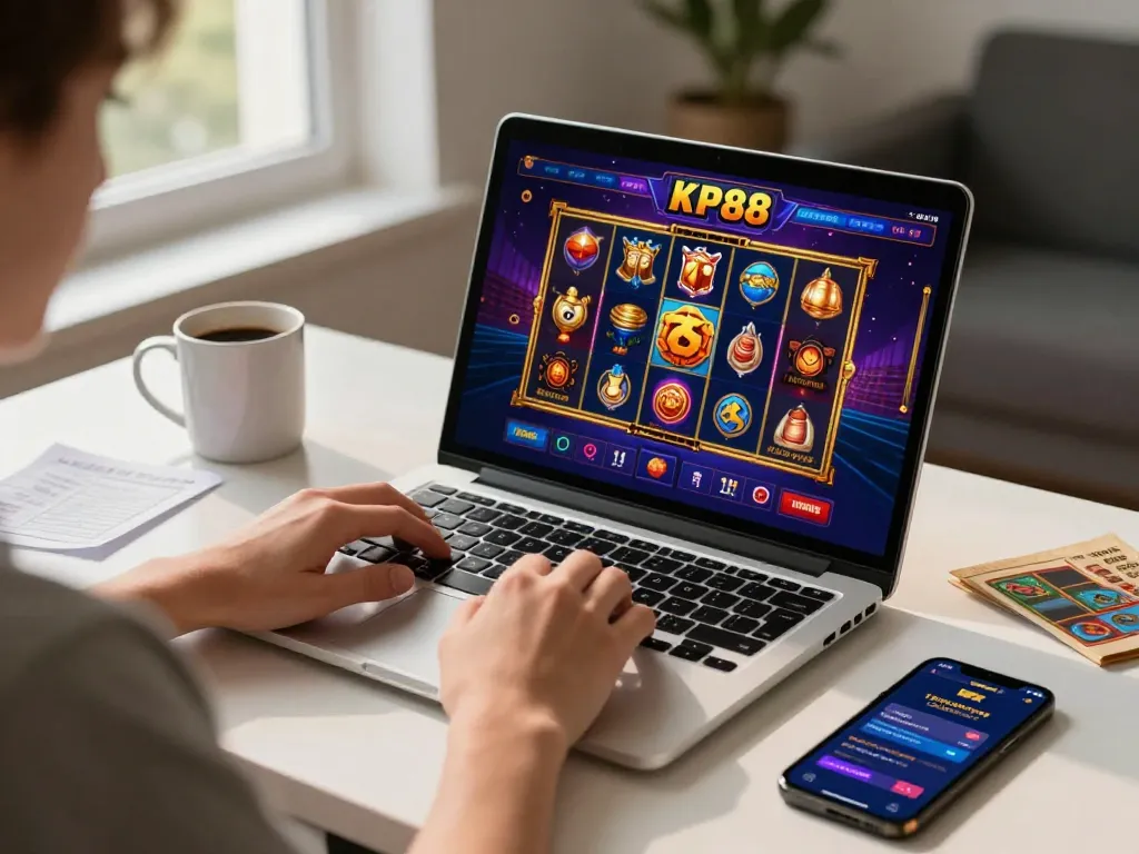 Player enjoying KP88 online slots and strategies at home with a laptop and phone