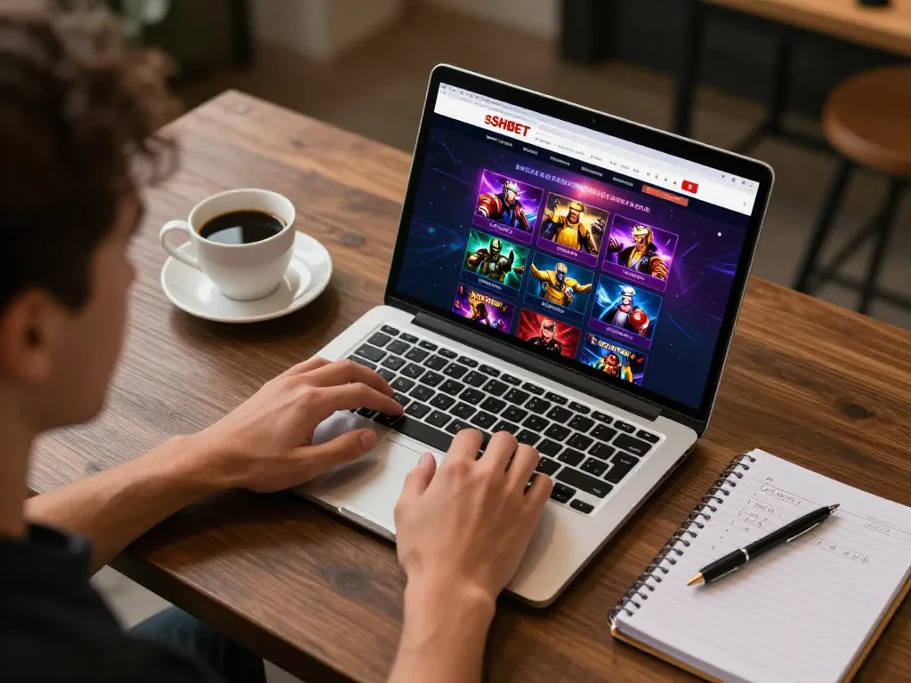 Shbet online betting setup featuring a laptop with casino games, emphasizing a strategic gambling atmosphere.