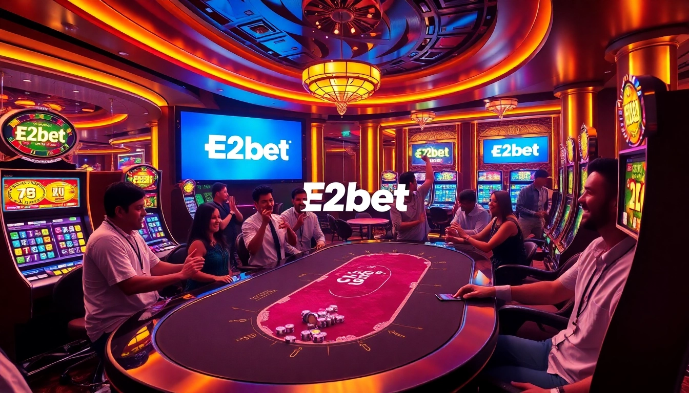 E2bet players celebrating a big win at a vibrant casino table, surrounded by luxury and excitement.