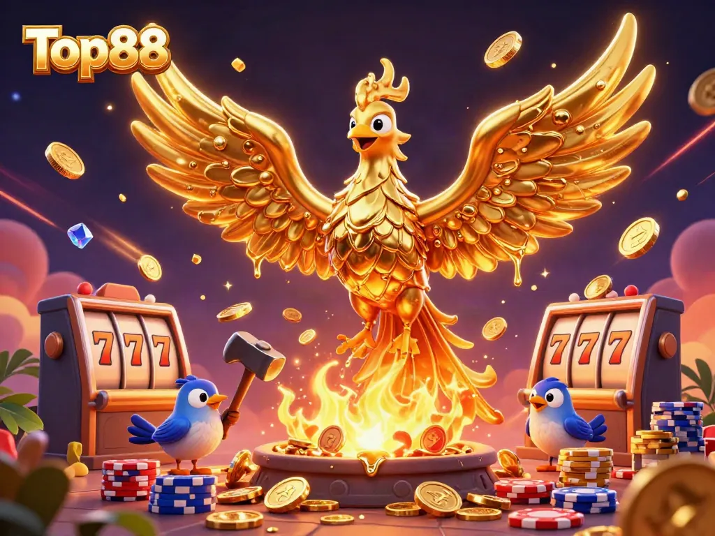 Experience the excitement of Top88 with golden phoenix casino imagery, featuring dynamic slots and poker chips.