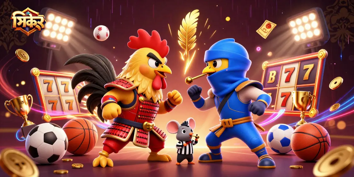 Exciting scene with fighting roosters and gambling elements showcasing সিকে৪৪ for players at online casinos.