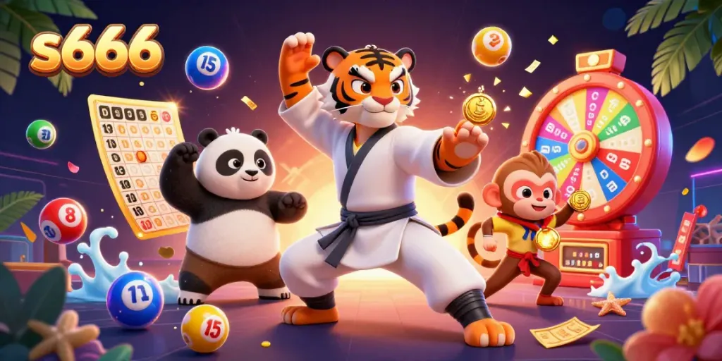 S666 players enjoy a lively game scene filled with colorful lottery elements and energetic characters.