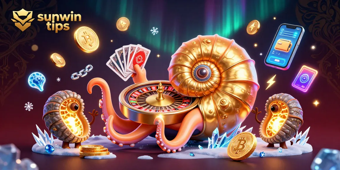 Experience thrilling action with sunwin tips featuring a giant nautilus roulette wheel and glowing crypto elements.