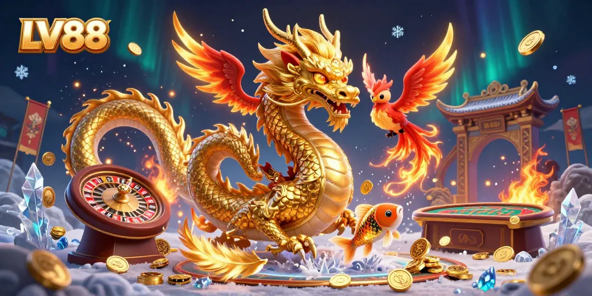 Experience the thrill of LV88 with a golden dragon, phoenix, and koi fish celebrating in a vibrant casino scene.