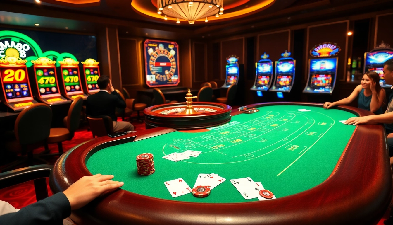 Experience the thrilling ambiance of MM88 with an elegant blackjack table and lively casino elements.