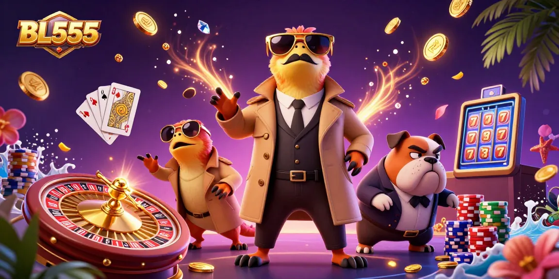 Experience the excitement of BL555 with three raptors in a trench coat entering a VIP casino lounge, surrounded by shimmering casino elements.