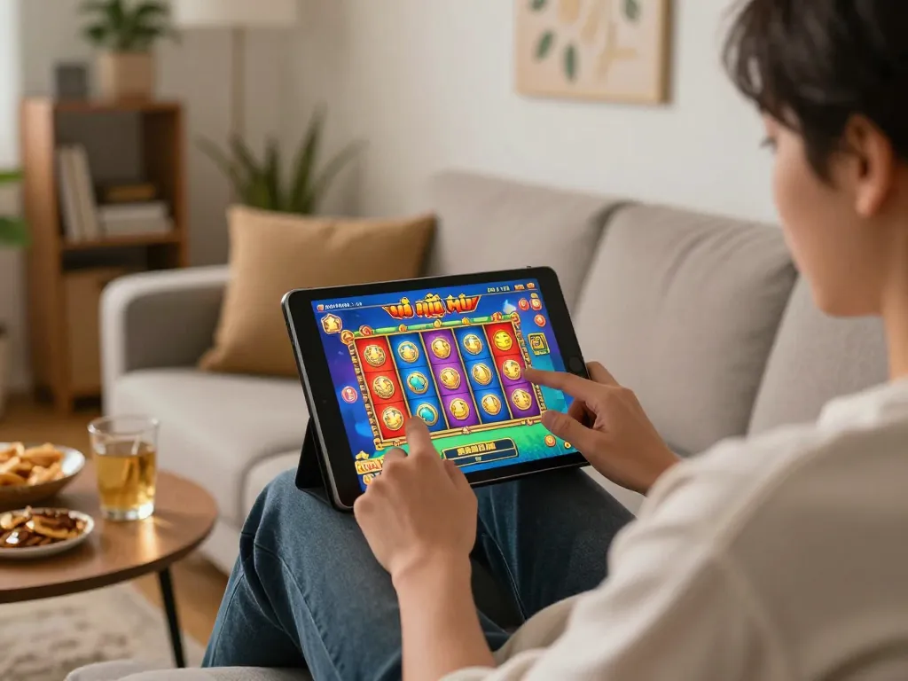 Playing game nổ hũ on a tablet in a cozy home setting with snacks and drinks nearby