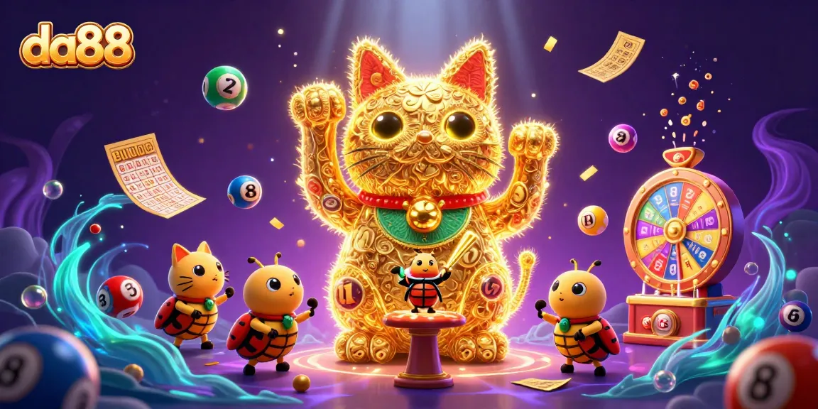 Engage with da88's vibrant casino experience through colorful lottery balls and a lucky cat.