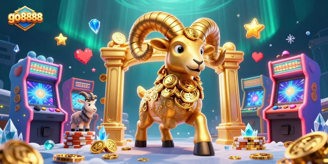 Join the excitement at go8888 with a dynamic scene of a golden ram charging through a casino adventure.
