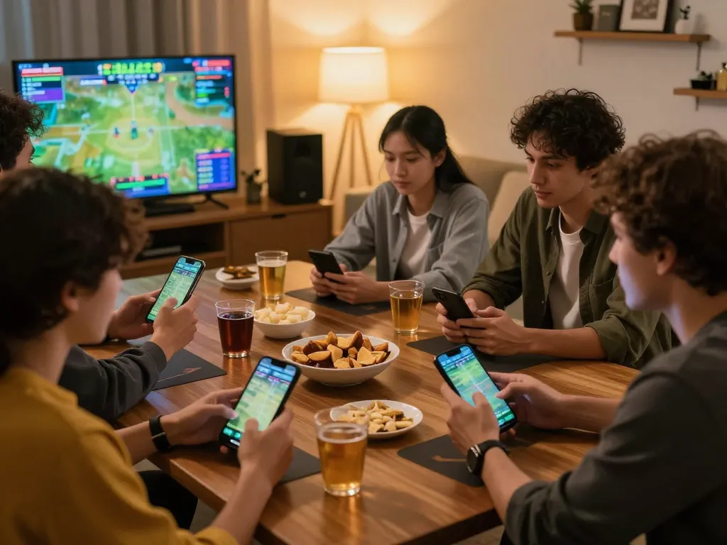 Friends enjoying sports betting with 7mz odds displayed on devices during a home gathering