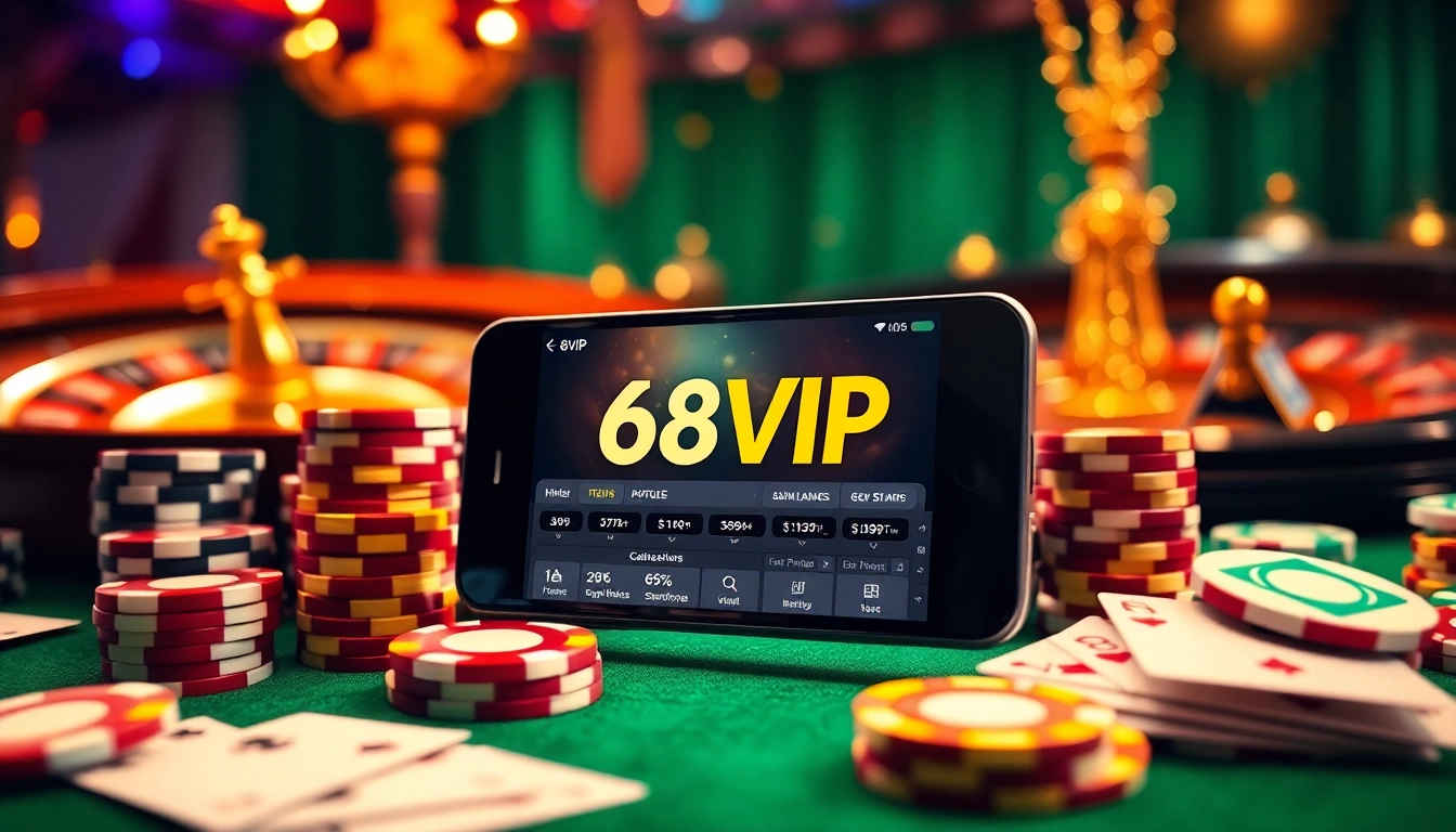 Tải App Nhà Cái 68VIP through the mobile interface surrounded by classic casino elements like poker chips and cards.