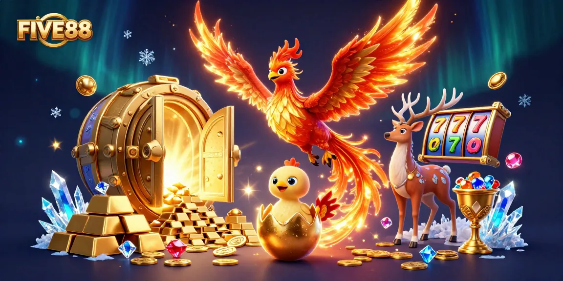 Experience the excitement of FIVE88 with a vibrant phoenix and casino elements in dazzling detail.