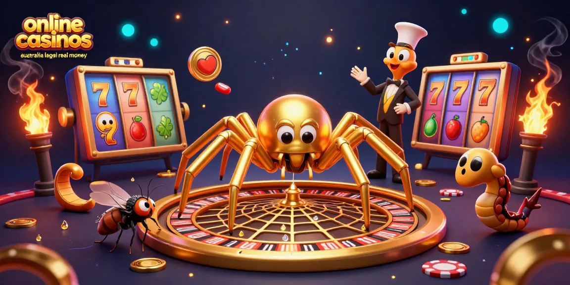 Immerse in online casinos Australia legal real money with 3D casino characters, golden web, and colorful slot elements.