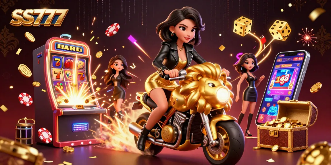Experience the thrill of SS777 with a glamorous Asian woman riding a golden lion mascot amidst slot machines and casino games.