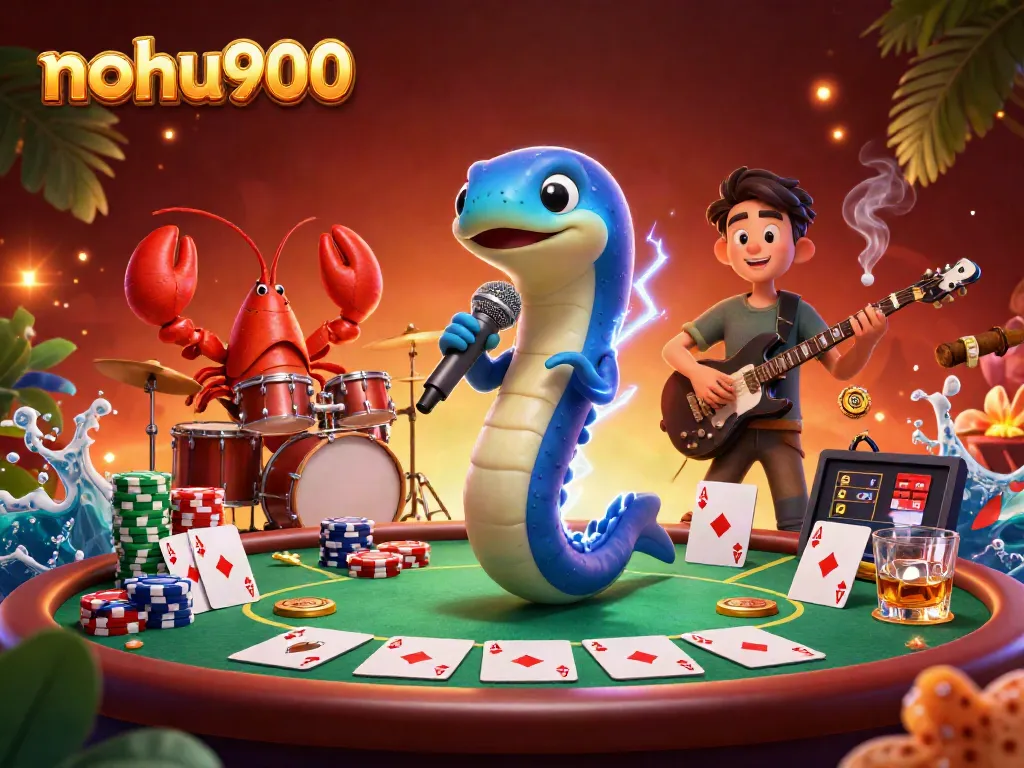 Experience thrilling gameplay at nohu900 with a vibrant underwater casino scene, featuring electric eel DJ and dynamic band.