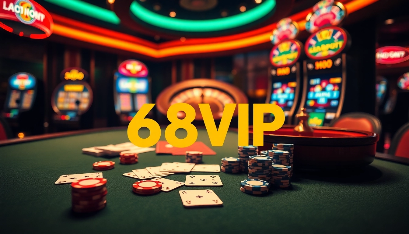 Experience the thrilling atmosphere of 68VIP’s luxury casino with vibrant gaming tables and exciting slot machines.