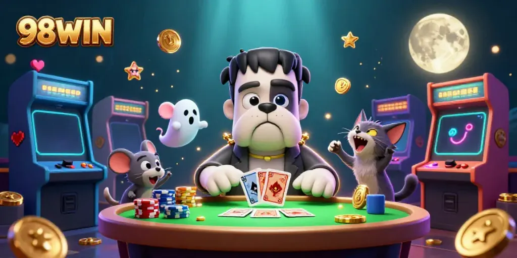 Engage in thrilling card games at 98WIN with vibrant characters and captivating casino elements.
