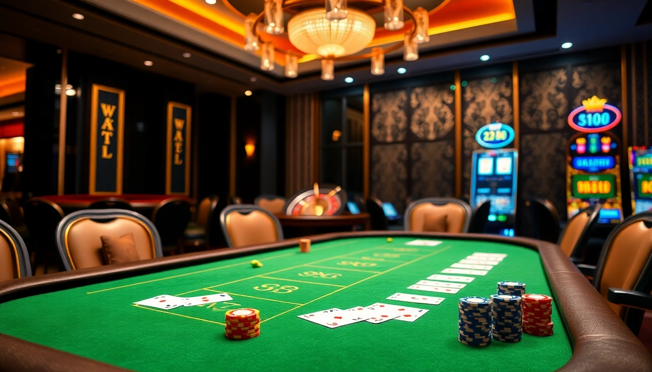 Xì Tố 68 Game Bai featuring vibrant gaming table with cards and chips in a luxury casino.