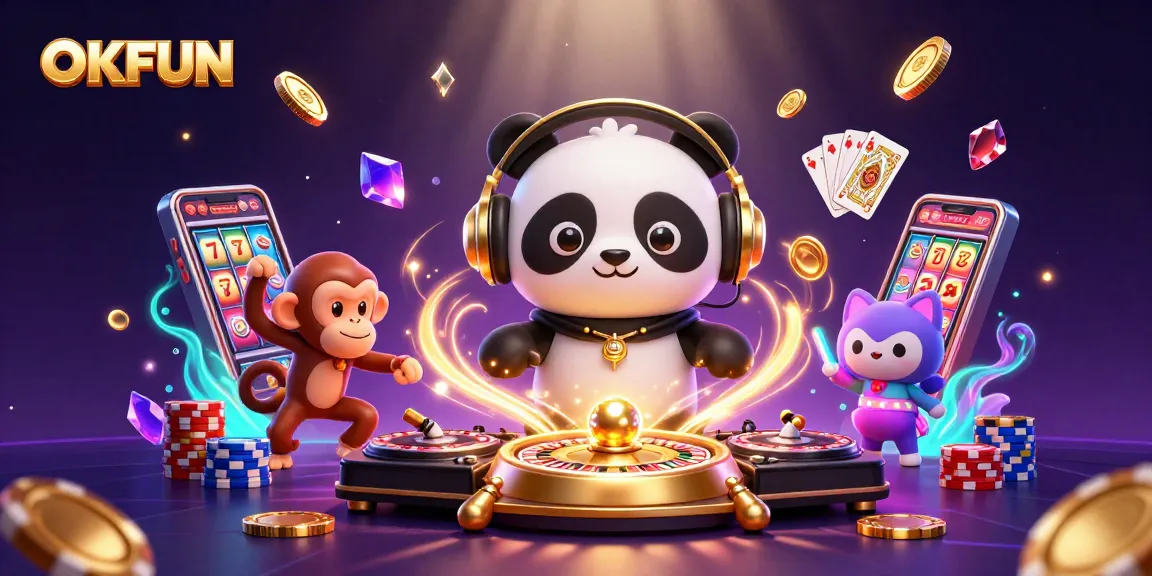 Engage with OKFUN's vibrant gaming world through a lively 3D illustration of an energetic DJ panda spinning roulette-themed turntables.