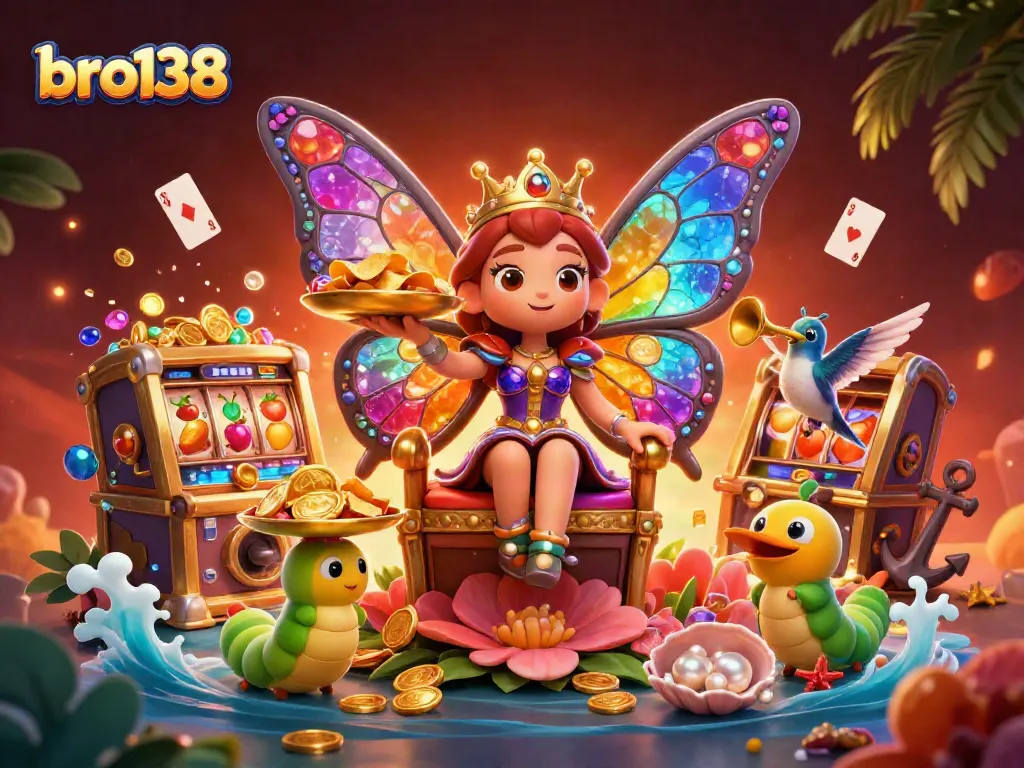 Engage with bro138's vibrant casino adventure, featuring a colorful butterfly queen and rich slot elements.