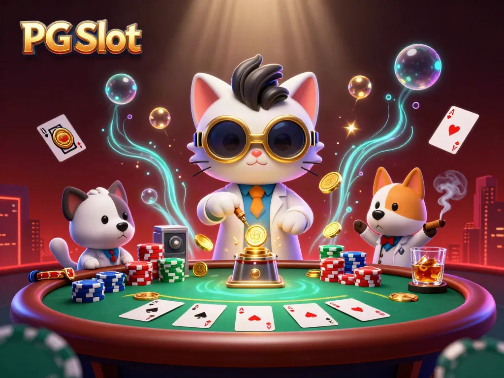 Experience the thrill of PG Slot with the mad scientist cat and loyal dog in a vibrant casino scene.