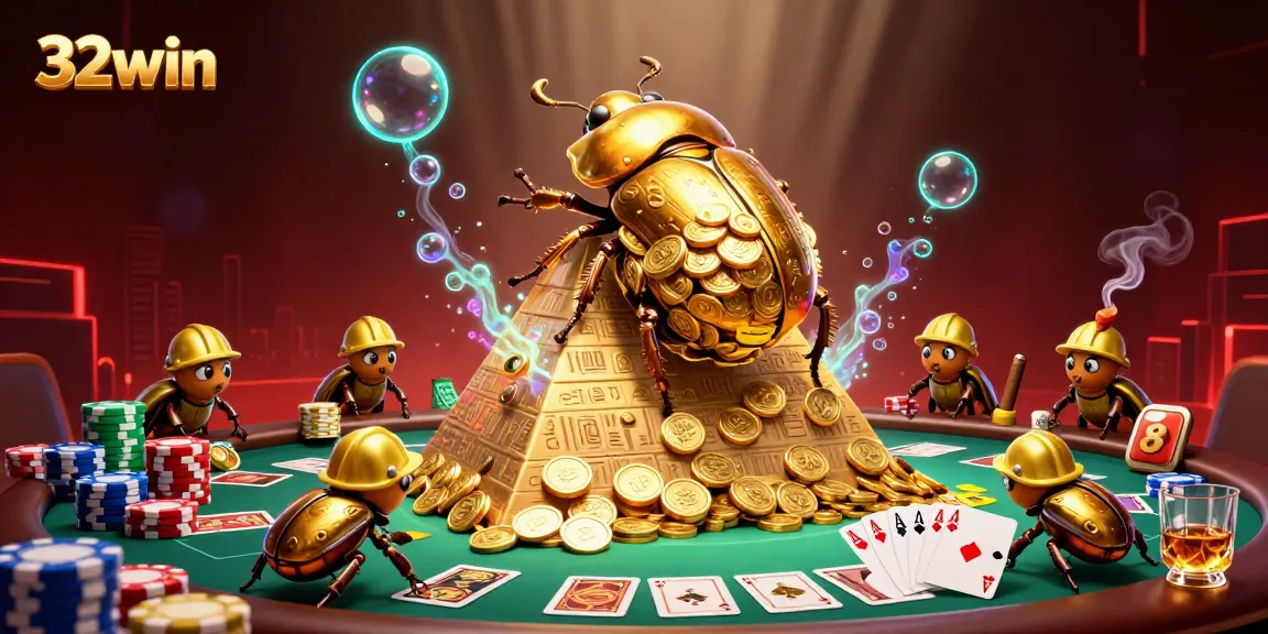 Experience thrilling action with 32win as cartoon golden beetles roll coin balls in a vibrant casino scene.