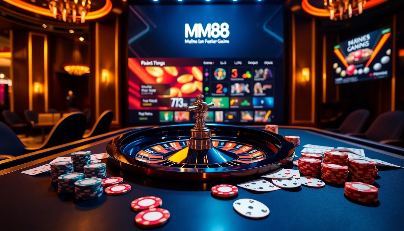 Exciting MM88 online gambling scene with a spinning roulette wheel and vibrant poker chips.