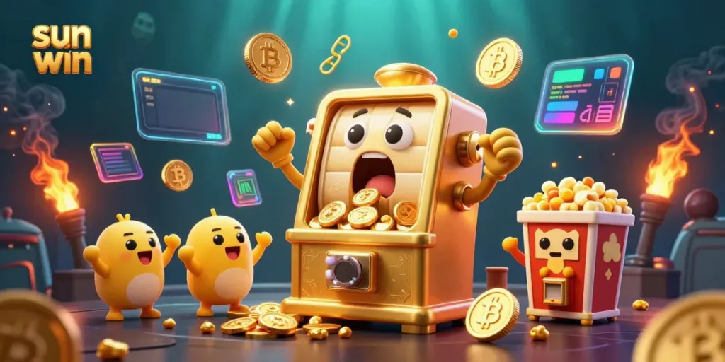 Experience the thrill of sun win with a golden slot machine celebrating a jackpot amidst digital coins and vibrant casino elements.