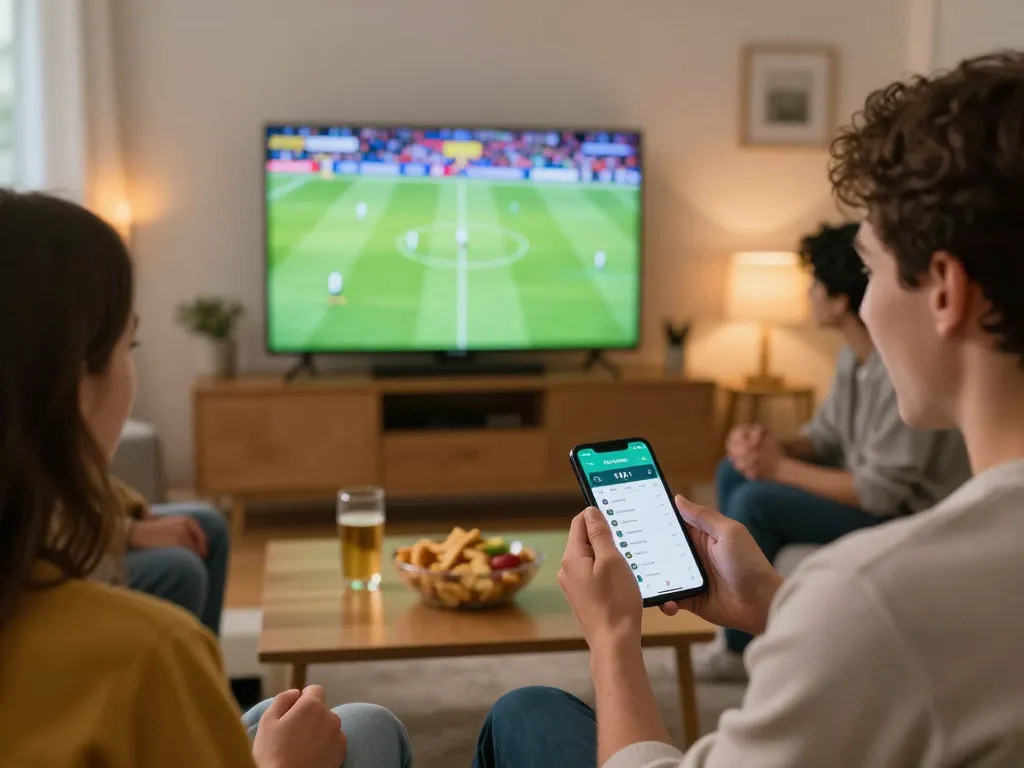 Excited person using nowgoal app for live sports betting during a match.