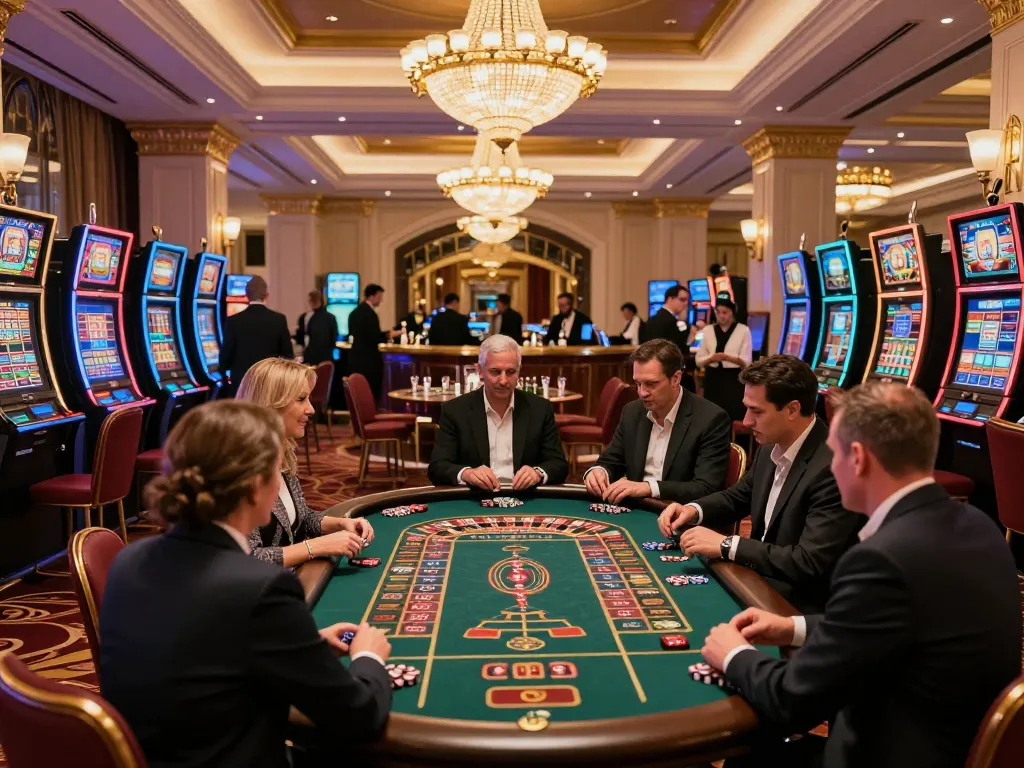 The bustling casino atmosphere at https://va88.now/ with players placing bets at a roulette table amidst luxurious surroundings.