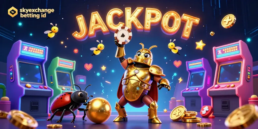 Experience the thrill of skyexchange betting id with a victory pose from a heroic beetle in a vibrant casino scene.