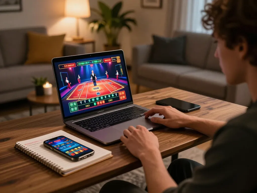 CWIN player engaging with online casino live dealer game in cozy home setup.