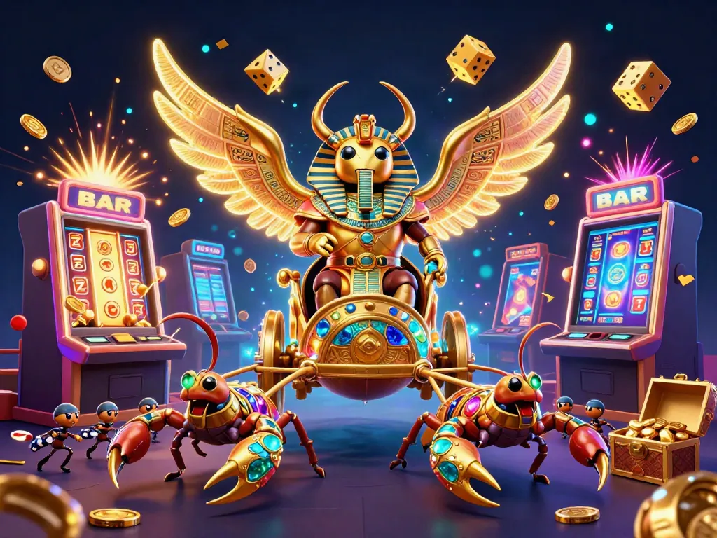 Spin and win at S8 with the colossal golden scarab beetle and jackpot explosion of coins.