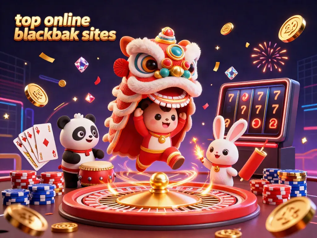 Engage with the top online blackjack sites through a vibrant, festive 3D casino scene featuring playful characters and casino elements.