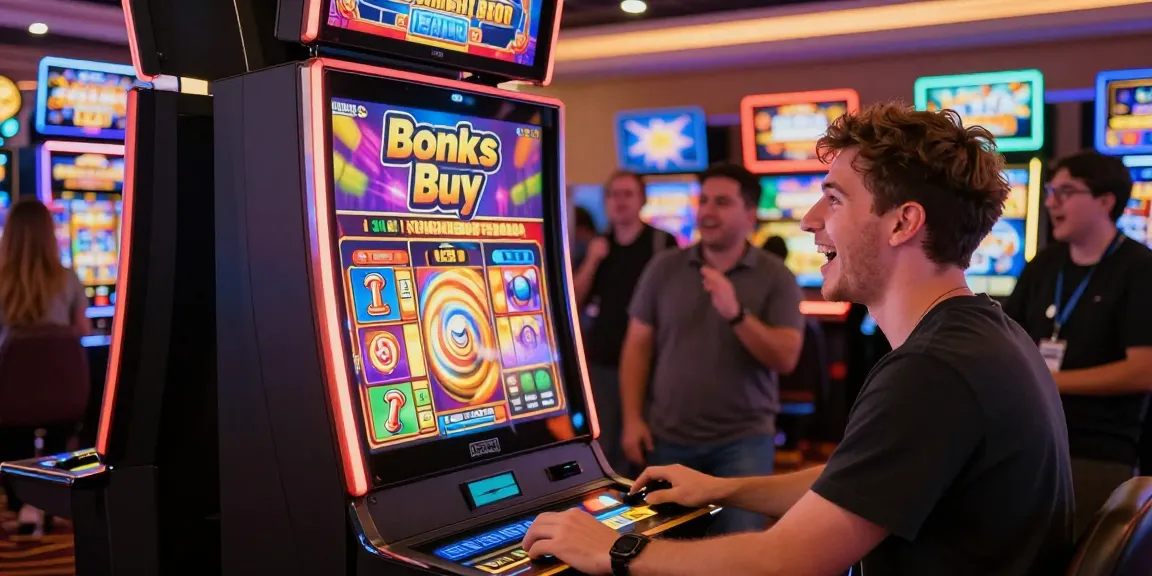 A player engaged in the action of bonus buy slots at a vibrant casino, showcasing excitement and colorful slot animations.