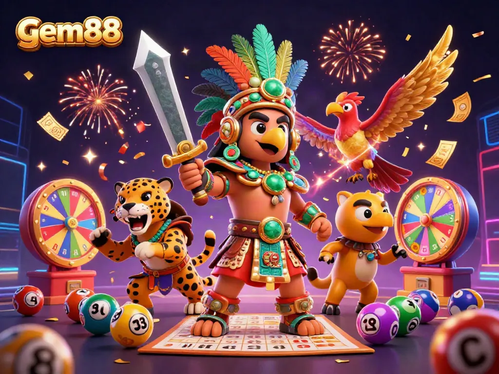 Join the excitement at gem88 with vibrant lottery elements and dynamic Aztec warriors.