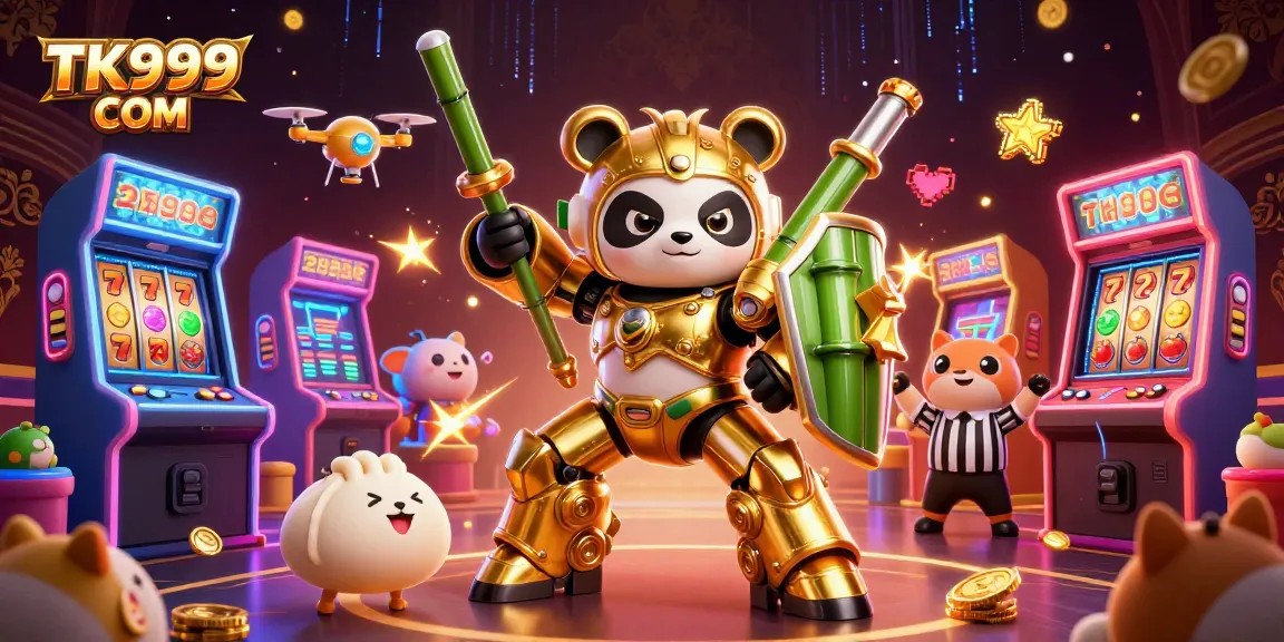 Engage with exciting gaming action at TK999 COM featuring a vibrant 3D mech-suit panda in a casino arena.