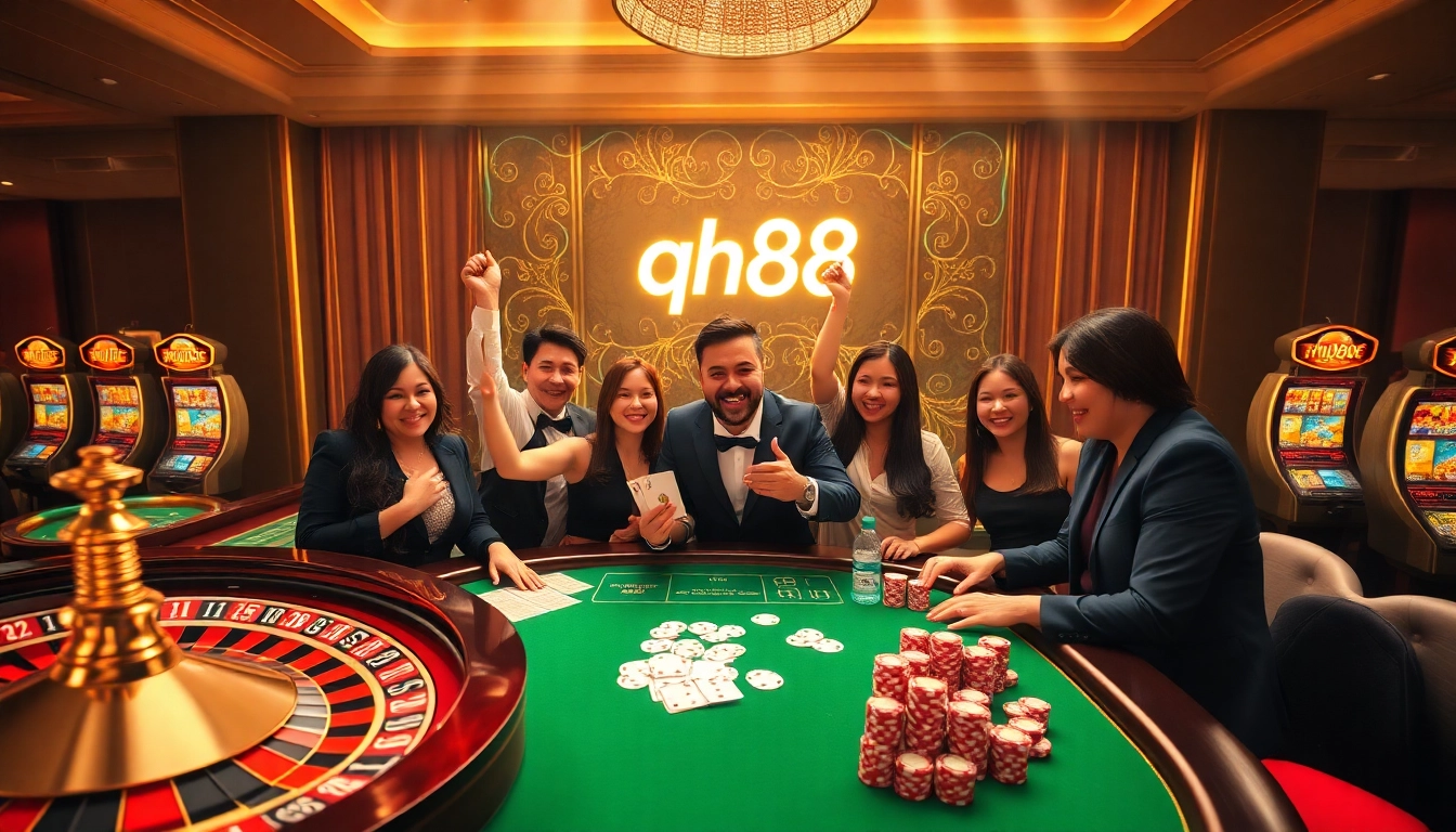 Players celebrating a win at a luxury qh88 casino table, surrounded by vibrant poker chips and cards.