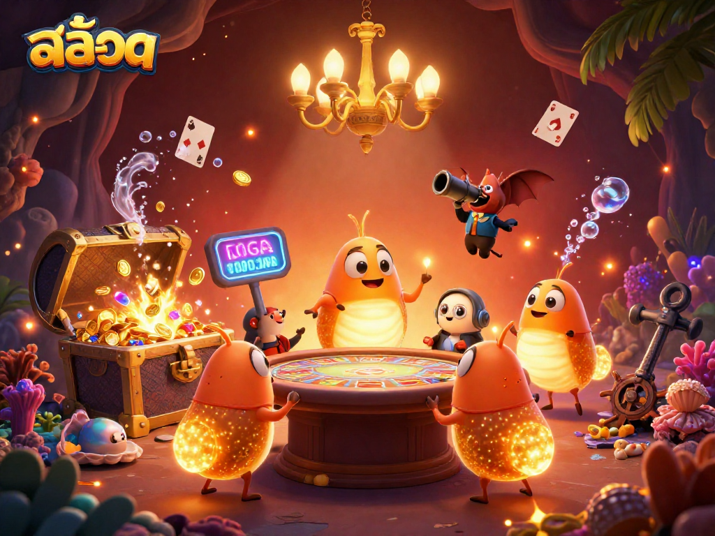 Experience the thrill of สล็อต with vibrant glowworms and treasure in a dynamic casino scene.